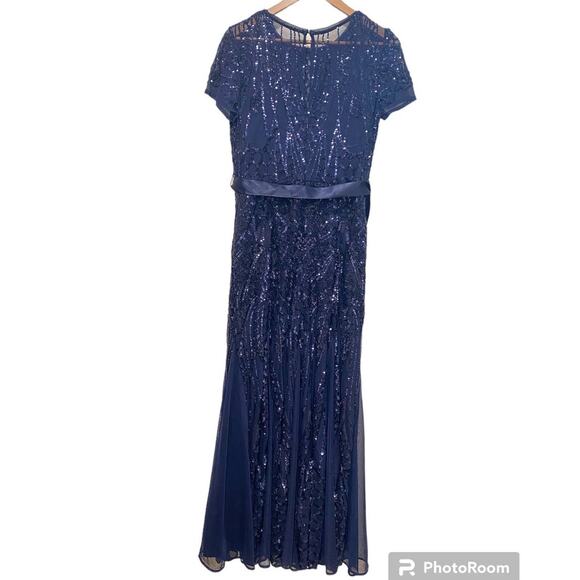 R&M Richards Navy Blue Sequin Satin Waist Belted Party Cocktail Maxi Dress 8us - Picture 5 of 14